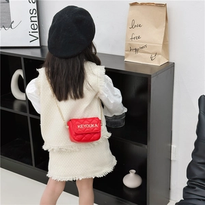 Girls red quilted PU leather mini crossbody chain bag with golden logo lettering