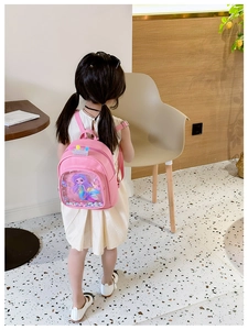 Detail of pink toddler backpack showing sequin pocket and cartoon mermaid print