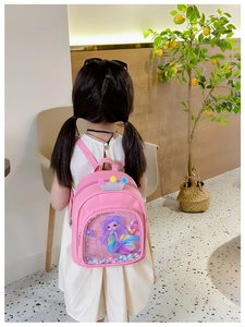 Toddler girl pink PU backpack featuring a sequined mermaid window and crown detail