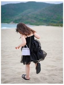 Girl in black mesh dress with lavender studded mini bag on a scenic beach background