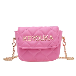 Pink quilted mini crossbody bag for girls with gold chain strap and metal logo accent