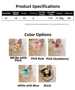 Detailed dimension guide showing five styles of mini PU crossbody bags for girls