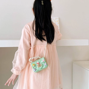 Cute green rabbit crossbody bag with pearl chain for girls in lovely macaron finish