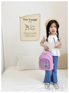 Toddler girl pink PU backpack featuring a purple mermaid graphic and glittery sequins