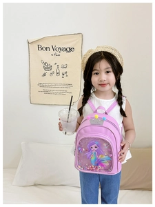 Detail of girls purple mermaid backpack with silver crown and glittery sequins