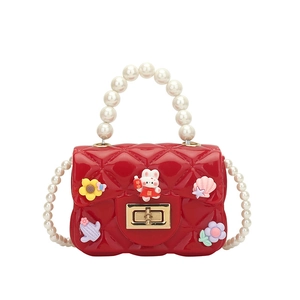 Cute red rabbit crossbody bag with pearl handle and quilted texture for girls