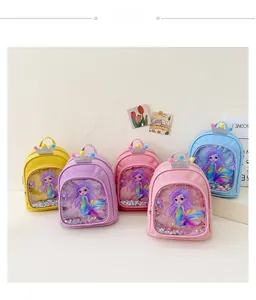 Detailed display of five colorful cartoon mermaid backpacks with glitter sequins and crowns