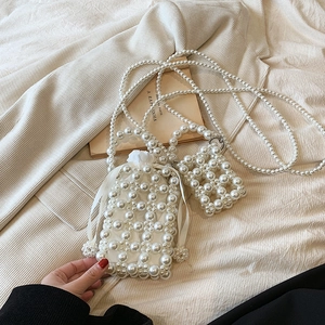 Kids Little Girls Mini Crossbody Bag Faux Artificial Pearl Beaded Woven Purse Elegant Princess Style With Drawstring Pouch