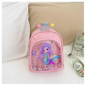 Detailed view of pink toddler backpack with mermaid window, sequins, and crown embellishment