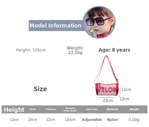 Guide des tailles détaillé pour sac polochon enfant en nylon rose et bandoulière