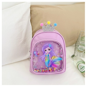 Close-up of girls' purple mermaid backpack with sequins and decorative crown poms