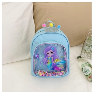 Close-up of light blue princess backpack featuring crown decor and colorful sequins