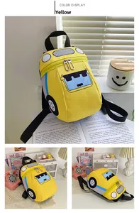Détail du sac à dos voiture jaune pour enfants avec fermetures éclair et toile résistante