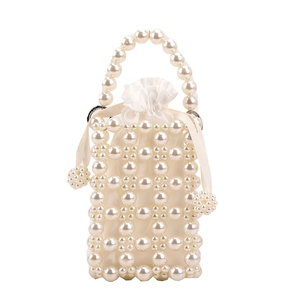 Elegant white pearl beaded handbag for girls with satin drawstring liner and top handle