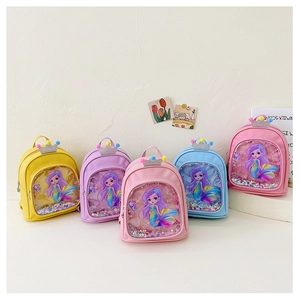 Detailed group view of colorful PU leather toddler backpacks with mermaid glitter pockets