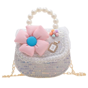 Sac à main fille à paillettes argentées, anse perles, dentelle et fleur rose