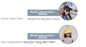 Detailed size guide showing a kids baseball cap and bucket hat on two different aged models