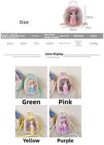 Size specifications and macro view of mini crossbody bag with pearls and plush doll