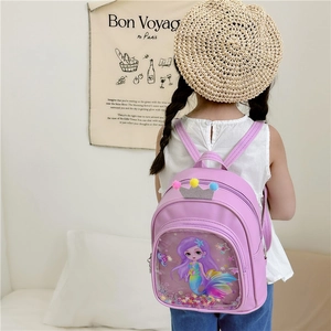 Purple girls toddler backpack with mermaid design and crown detail for school and travel