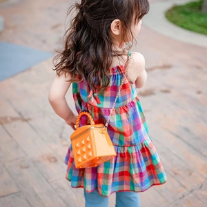 Fashionable bright orange mini crossbody bag for kids with rivet details and gold chain