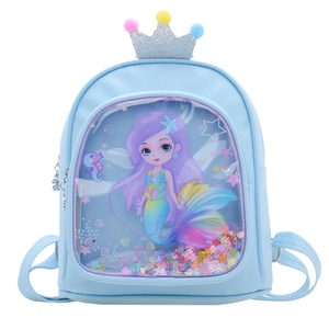 Cute light blue kindergarten girl's backpack with mermaid cartoon and glitter sequins