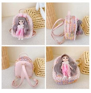 Detailed views of pink tweed girls backpack with pearl trim and doll decoration