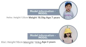Detailed size guide showing kid models in stylish denim bags and casual summer outfits