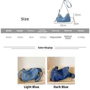 Size chart showing denim-style crossbody bag dimensions 22x13x8cm with adjustable strap