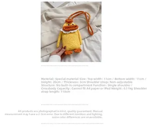 Detail view of handmade yellow crochet duck bag showing dimensions 11cm by 20cm