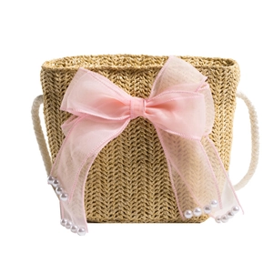 Summer girls straw woven mini crossbody bag with a large pink bow and pearl details