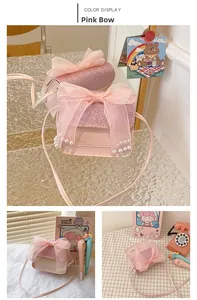 Detail view of pink sequin girls mini crossbody bag with large mesh bow and pearls
