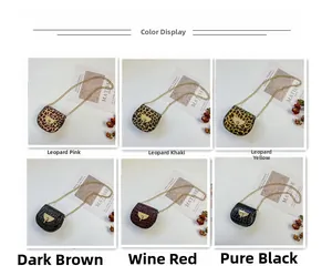 Detail view of mini leopard print and crocodile texture saddle bags with chain straps