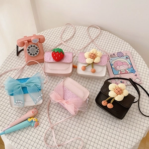 Kids Crossbody Bag Mini Shoulder Purse For Little Girls PU Leather Glitter Strawberry Flower Bow Decoration
