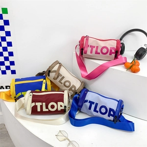 Sac Bandoulière Cylindre Enfants Nylon Imprimé Lettres Sac À Épaule Tendance Pour Garçons Filles Sangle Large Réglable