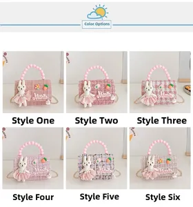 Détails de mini sacs bandoulière en tweed pour filles avec anses perles et charms lapin