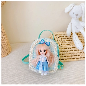 Detail of light blue tweed mini backpack for girls with pink doll and pearl trim