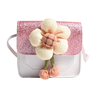 Pink sequin flower girls crossbody bag made of white faux leather for kids