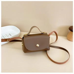 Detail view of mini brown leather crossbody bag with gold hardware and stylish handle
