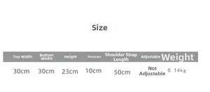 Detailed size chart for kids canvas shoulder bag showing width 30cm and height 23cm