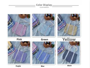 Color display of small plaid canvas tote bags for girls in pink, green, and purple