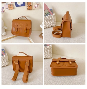 Multi-angle views of brown PU leather kids backpack with cute bear embossed logo