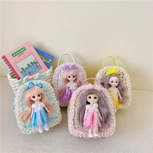 Kids Mini Crossbody Bag Tweed Artificial Pearl Trim With 3D Doll Princess Style Shoulder Backpack For Little Girls Fashion Accessories
