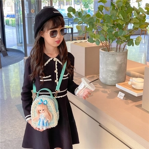 Girls tweed crossbody bag with blue princess doll and pearl accents for autumn fashion