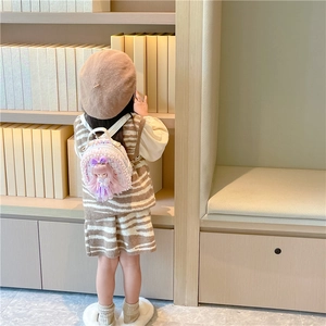 Pink plaid mini backpack for girls with cute doll, pearl trim and purple ribbon bow