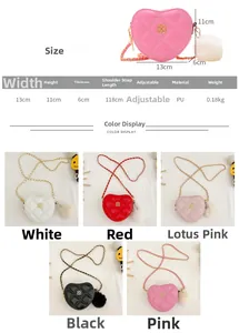 Detailed size chart and multi-color display of heart-shaped quilted mini crossbody chain bags