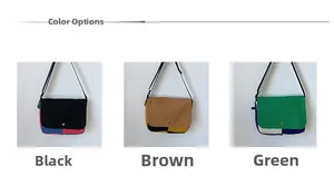 Détail de trois sacs messagers en toile en noir, marron et vert avec des sangles