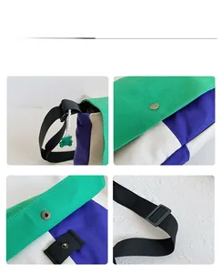 Détails du sac en toile avec fermeture à pression, sangle réglable et pendentif ours