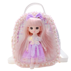 Girls' tweed handbag with pearls and doll, stylish princess crossbody bag in pink and white