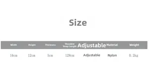 Detailed size chart showing nylon crossbody bag dimensions 16x12x5cm and adjustable strap