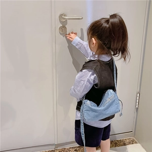 Kids casual denim crossbody bag and striped shirt outfit set for outdoor activities